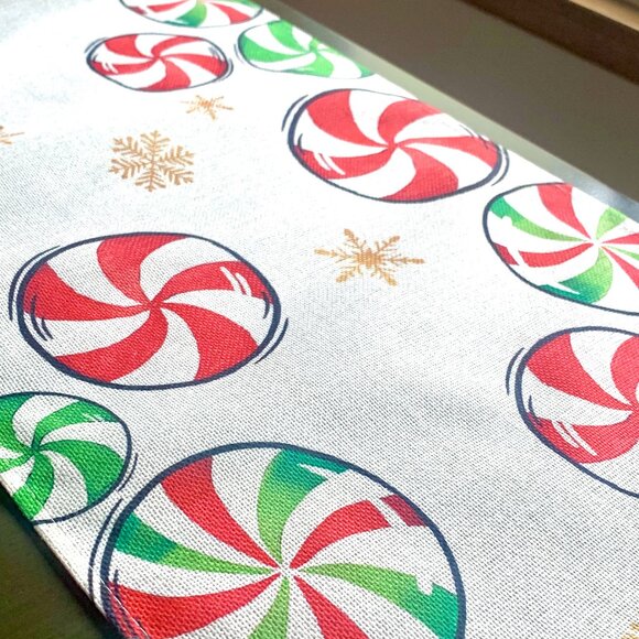 Whimsical Christmas Red Green Peppermint Candy Gold Snowflakes 72" Table Runner - Picture 3 of 4